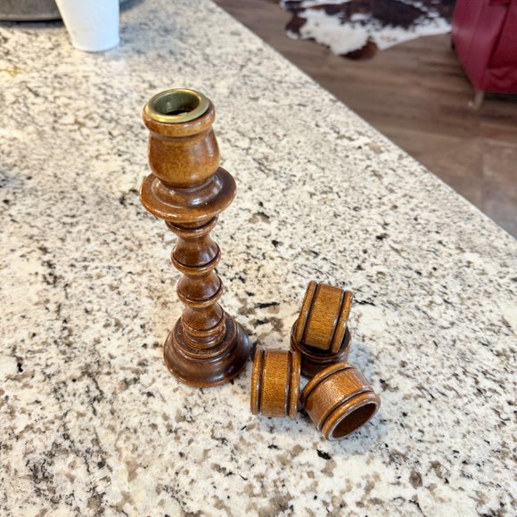 Mid Century wood candlestick holder napkin ring combo - Picture 5 of 13